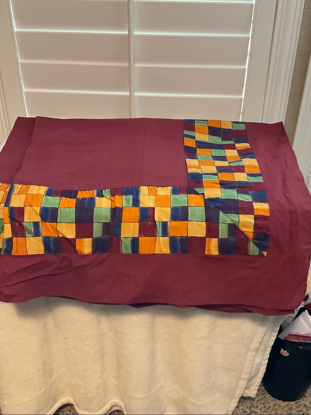 Dining Table Runner with Multicolor Checkered Accent - Burgundy